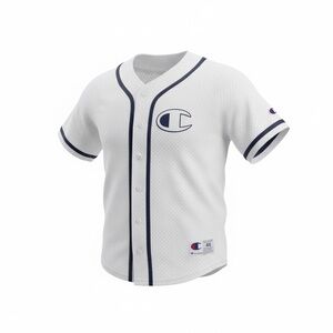 Champion Men’s White/Blue V-Neck  Button Up Logo Mesh Jersey Size Large